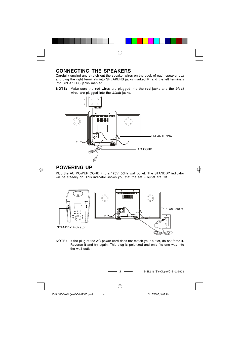 Powering up, Connecting the speakers | Lenoxx Electronics SL515 User Manual | Page 4 / 17