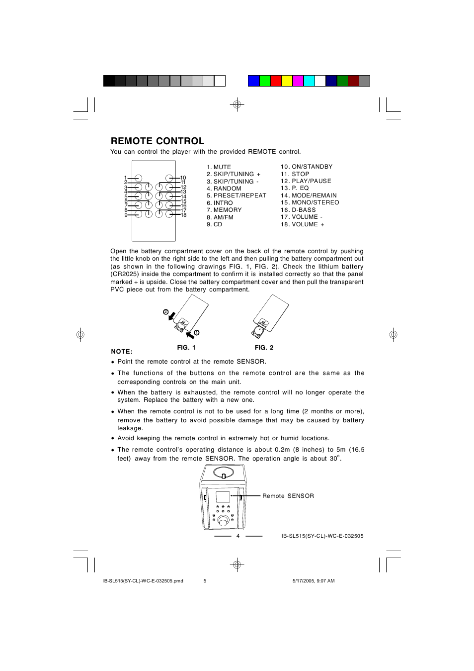 Remote control | Lenoxx Electronics SL515 User Manual | Page 5 / 17