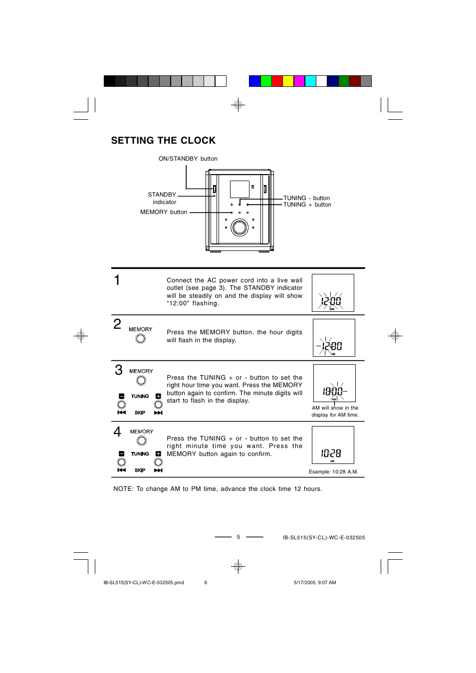 Setting the clock | Lenoxx Electronics SL515 User Manual | Page 6 / 17