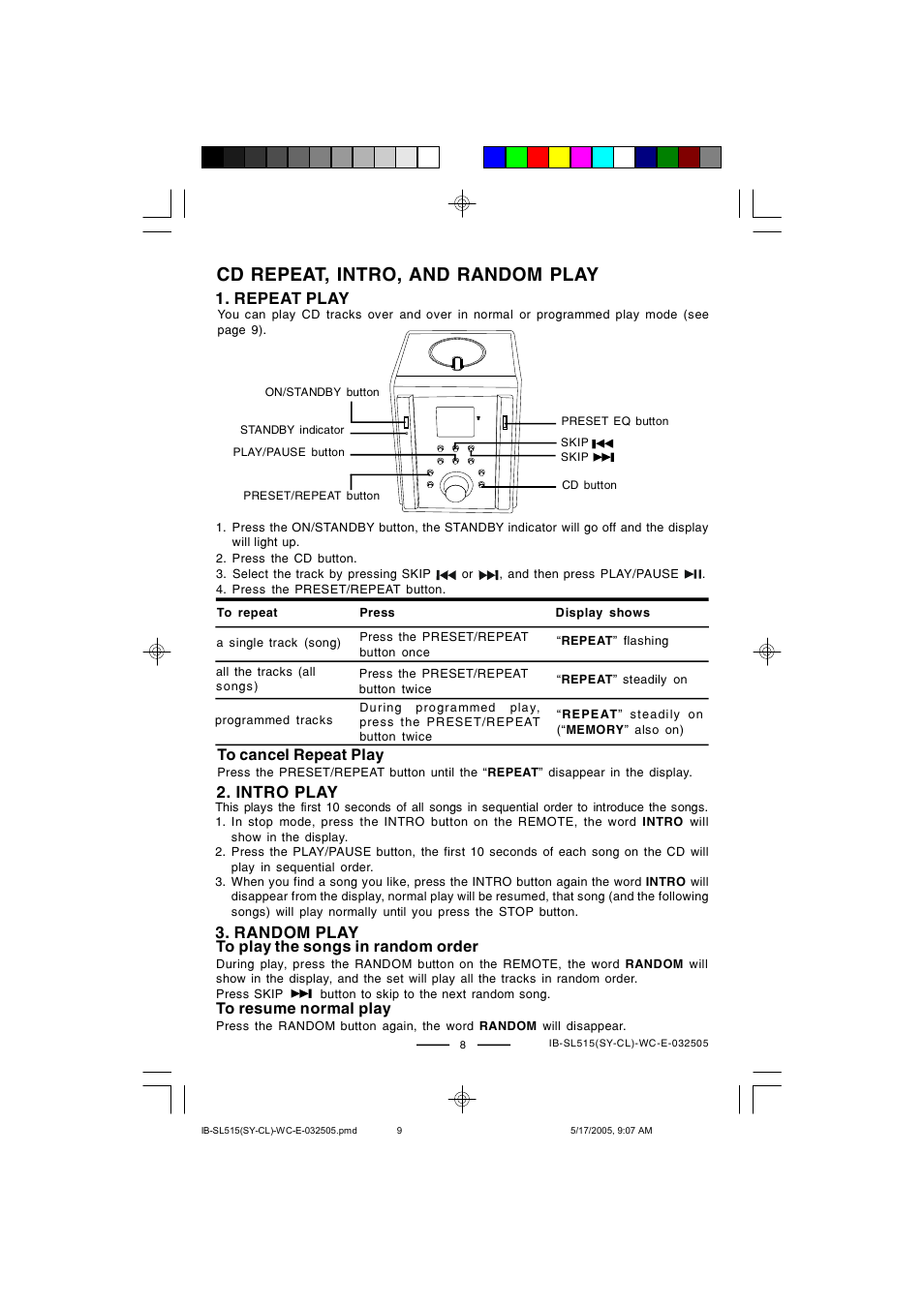 Cd repeat, intro, and random play | Lenoxx Electronics SL515 User Manual | Page 9 / 17