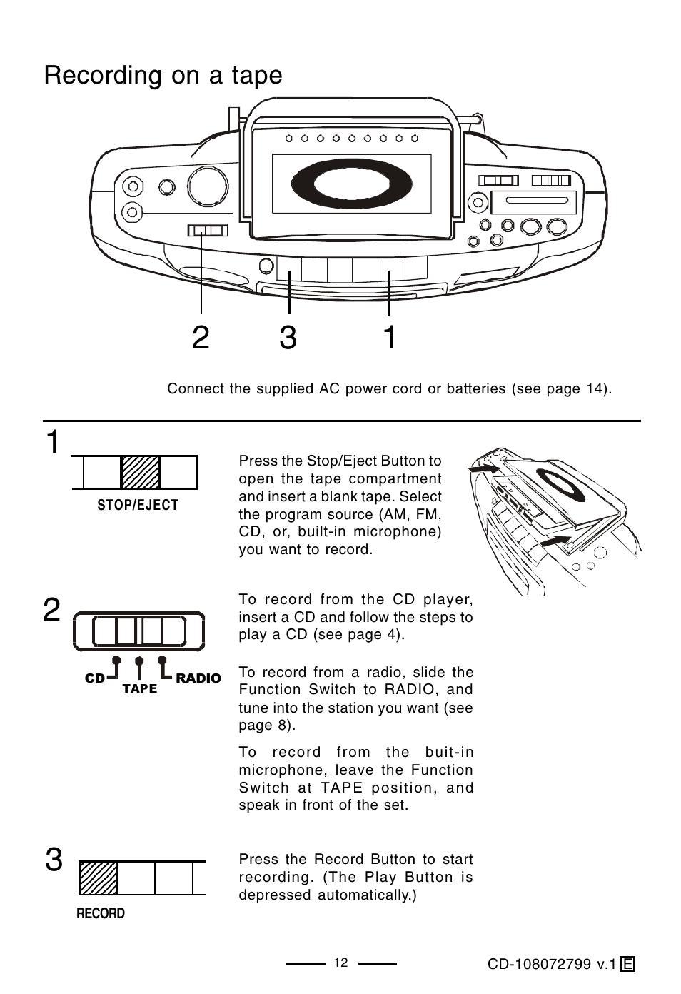 Recording on a tape | Lenoxx Electronics CD-108 User Manual | Page 13 / 20