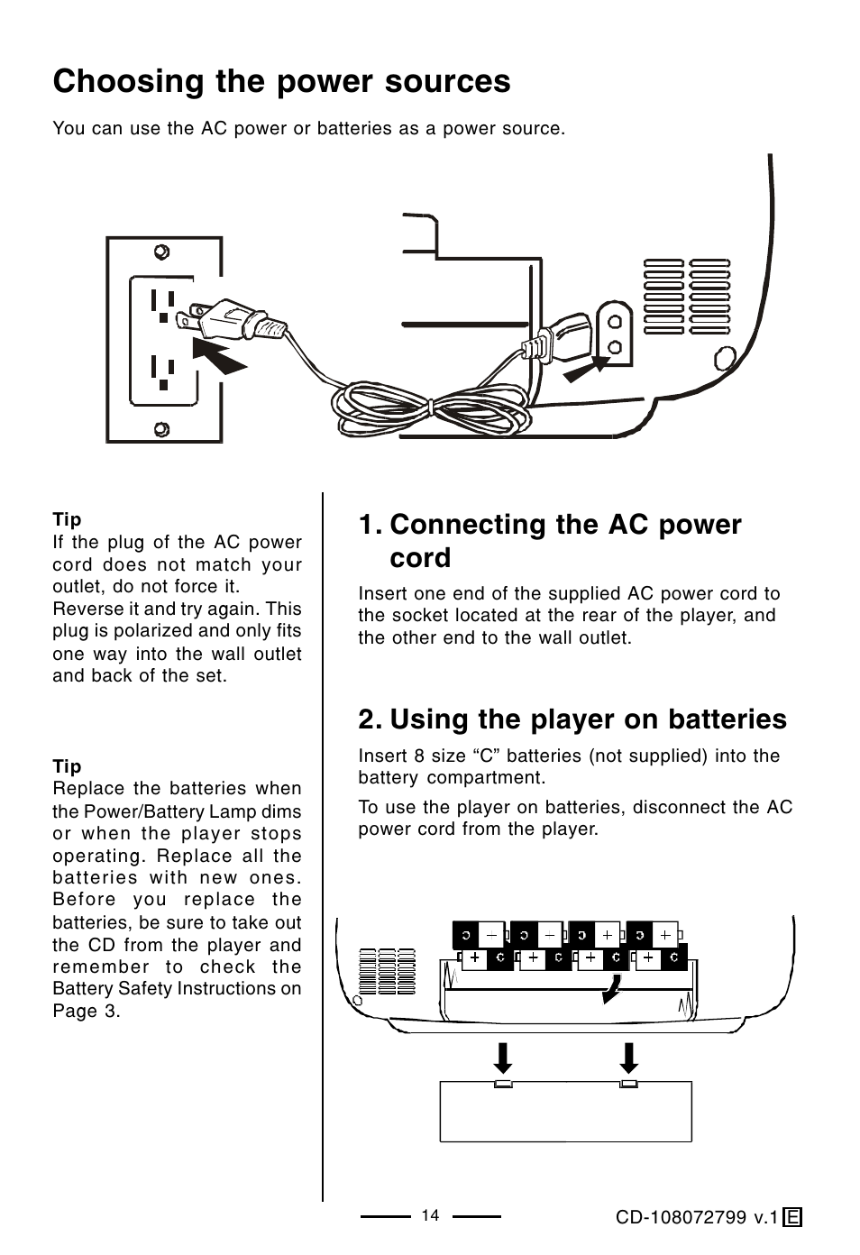 Choosing the power sources, Connecting the ac power cord, Using the player on batteries | Lenoxx Electronics CD-108 User Manual | Page 15 / 20