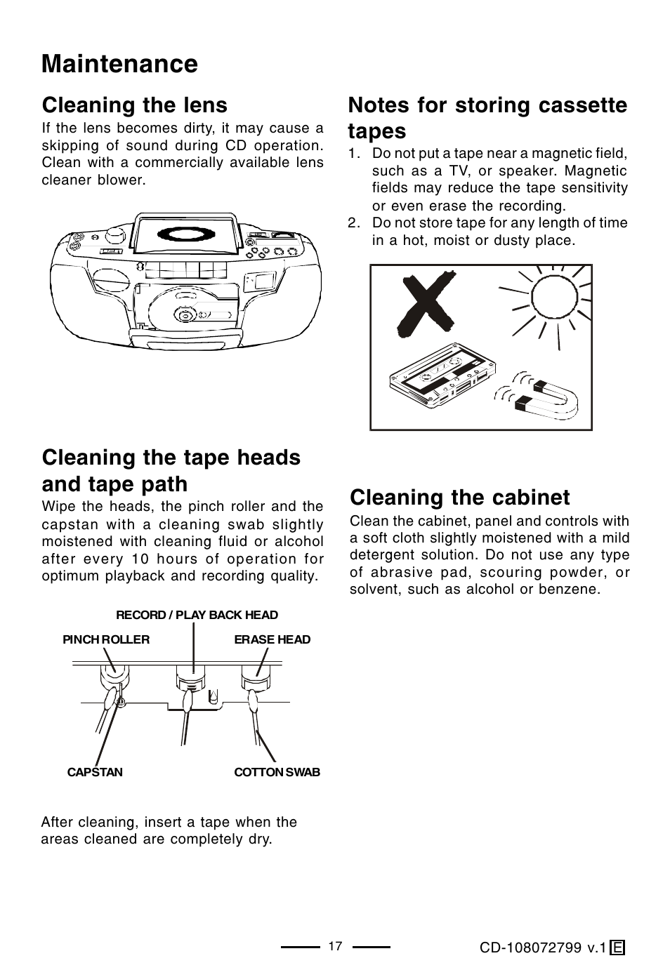 Maintenance, Cleaning the lens, Cleaning the tape heads and tape path | Cleaning the cabinet | Lenoxx Electronics CD-108 User Manual | Page 18 / 20