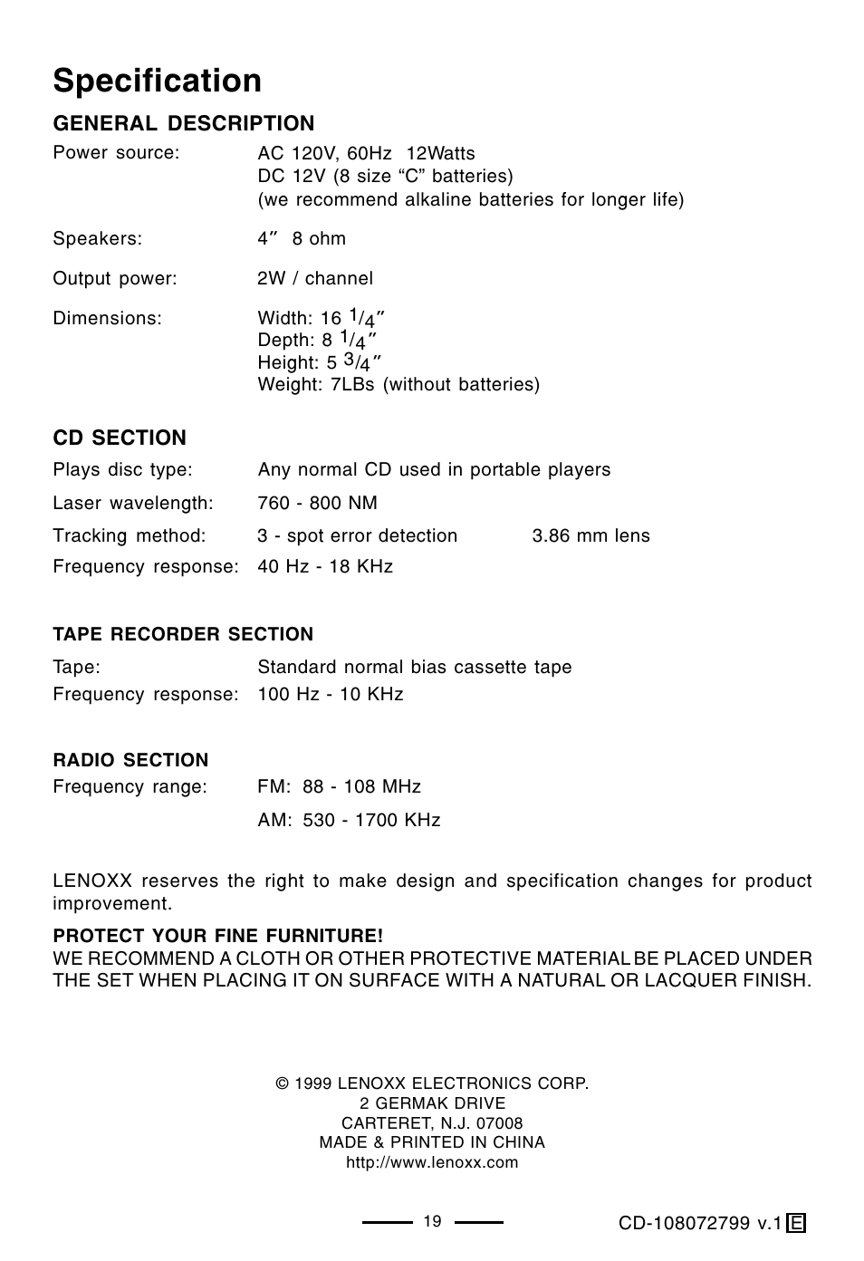 Specification | Lenoxx Electronics CD-108 User Manual | Page 20 / 20