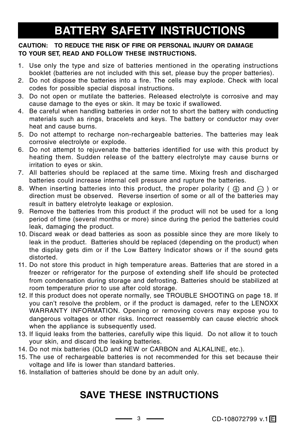 Battery safety instructions, Save these instructions | Lenoxx Electronics CD-108 User Manual | Page 4 / 20