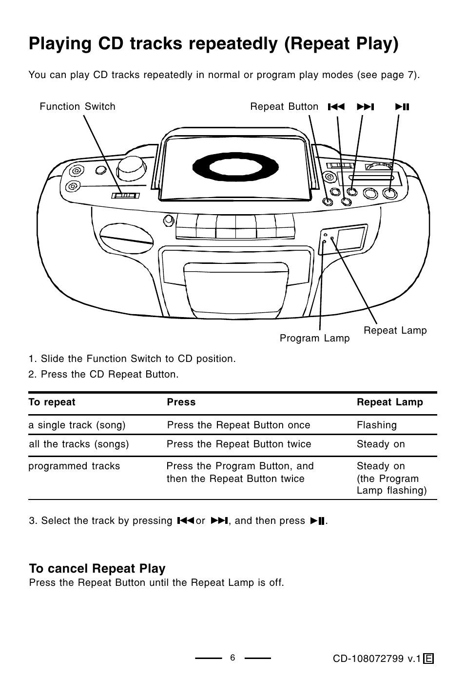 Playing cd tracks repeatedly (repeat play) | Lenoxx Electronics CD-108 User Manual | Page 7 / 20