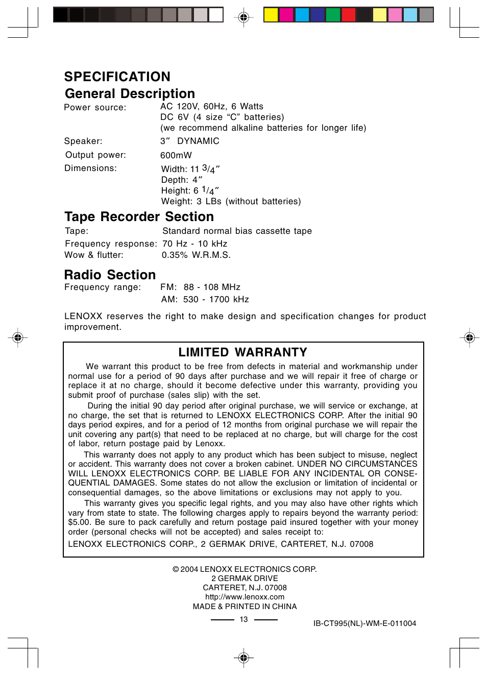 Specification general description, Limited warranty | Lenoxx Electronics CT-995 User Manual | Page 14 / 14