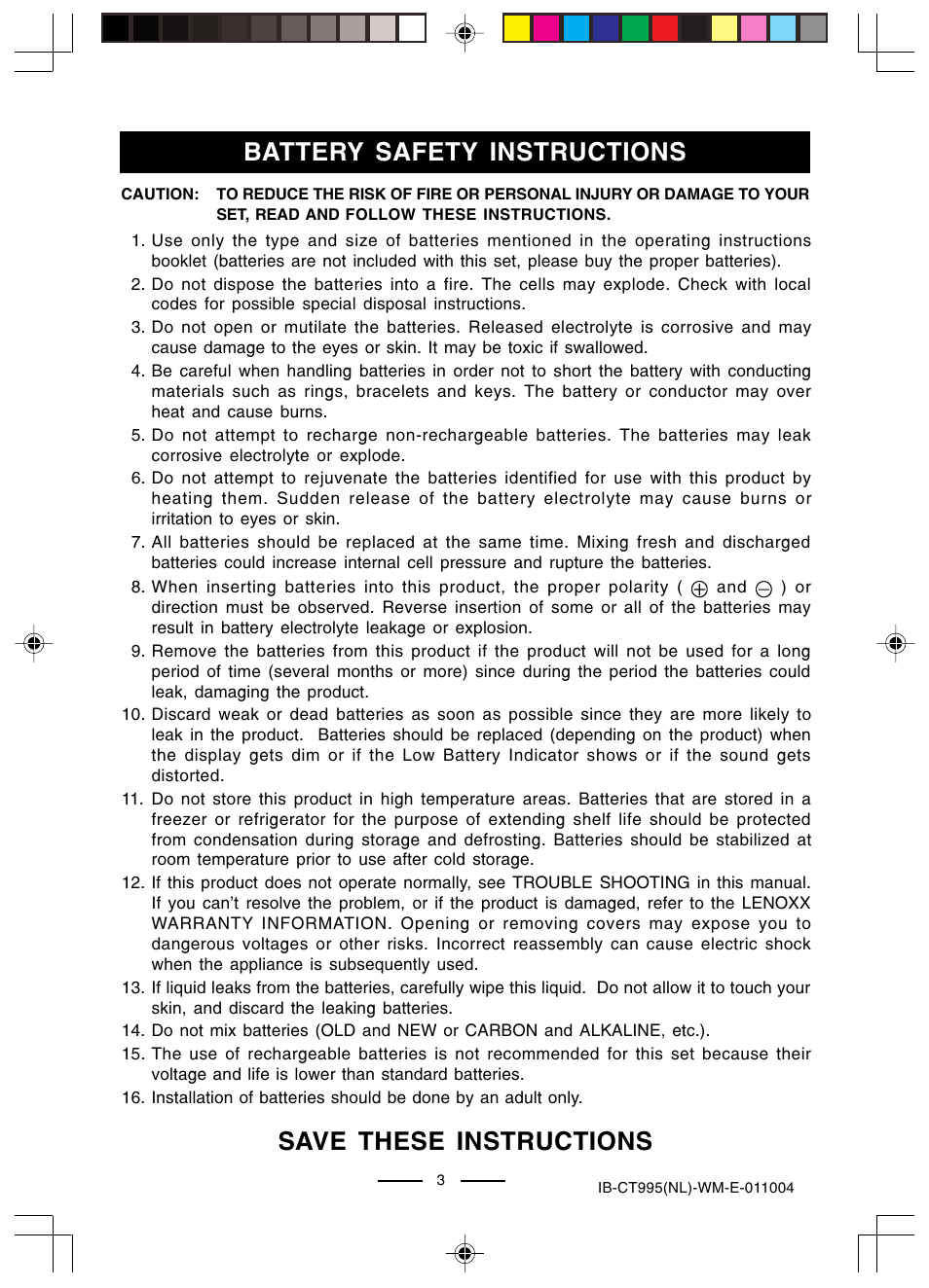 Save these instructions, Battery safety instructions | Lenoxx Electronics CT-995 User Manual | Page 4 / 14