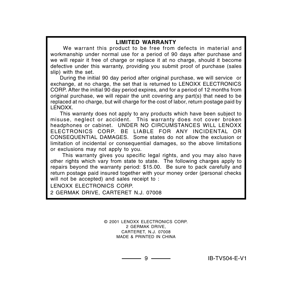 Lenoxx Electronics TV-504 User Manual | Page 10 / 10