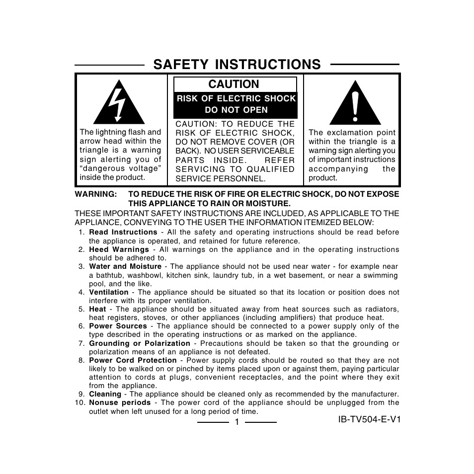 Safety instructions, Caution | Lenoxx Electronics TV-504 User Manual | Page 2 / 10