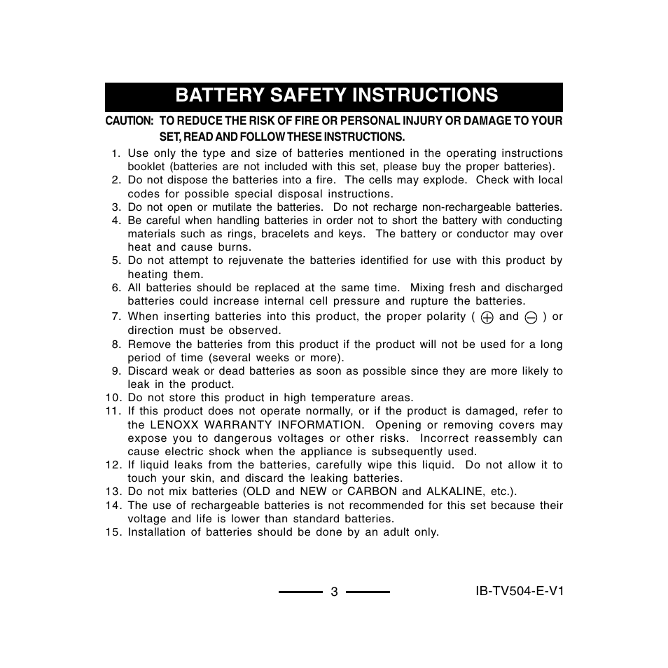 Battery safety instructions | Lenoxx Electronics TV-504 User Manual | Page 4 / 10