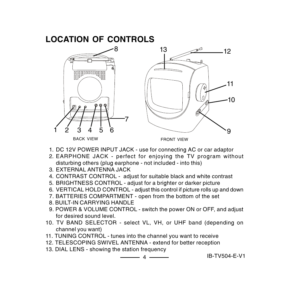 Location of controls | Lenoxx Electronics TV-504 User Manual | Page 5 / 10