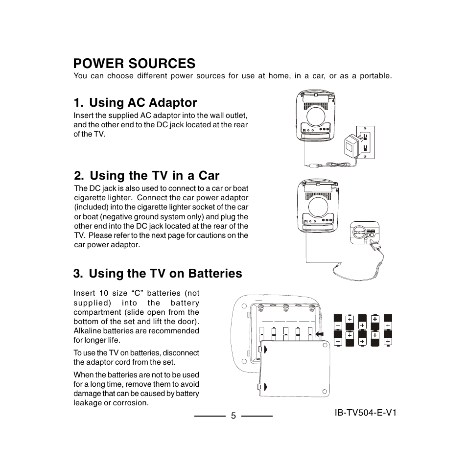 Power sources, Using ac adaptor, Using the tv in a car | Using the tv on batteries, Ib-tv504-e-v1 | Lenoxx Electronics TV-504 User Manual | Page 6 / 10