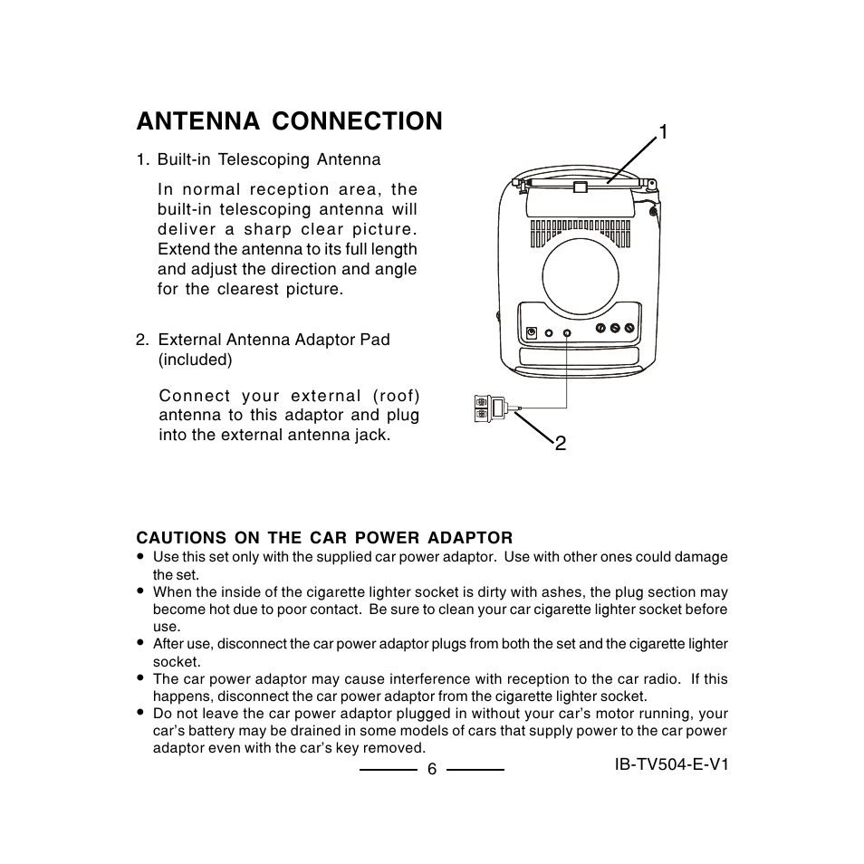 Antenna connection | Lenoxx Electronics TV-504 User Manual | Page 7 / 10
