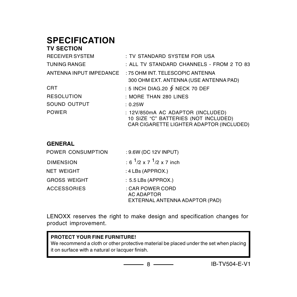 Specification | Lenoxx Electronics TV-504 User Manual | Page 9 / 10