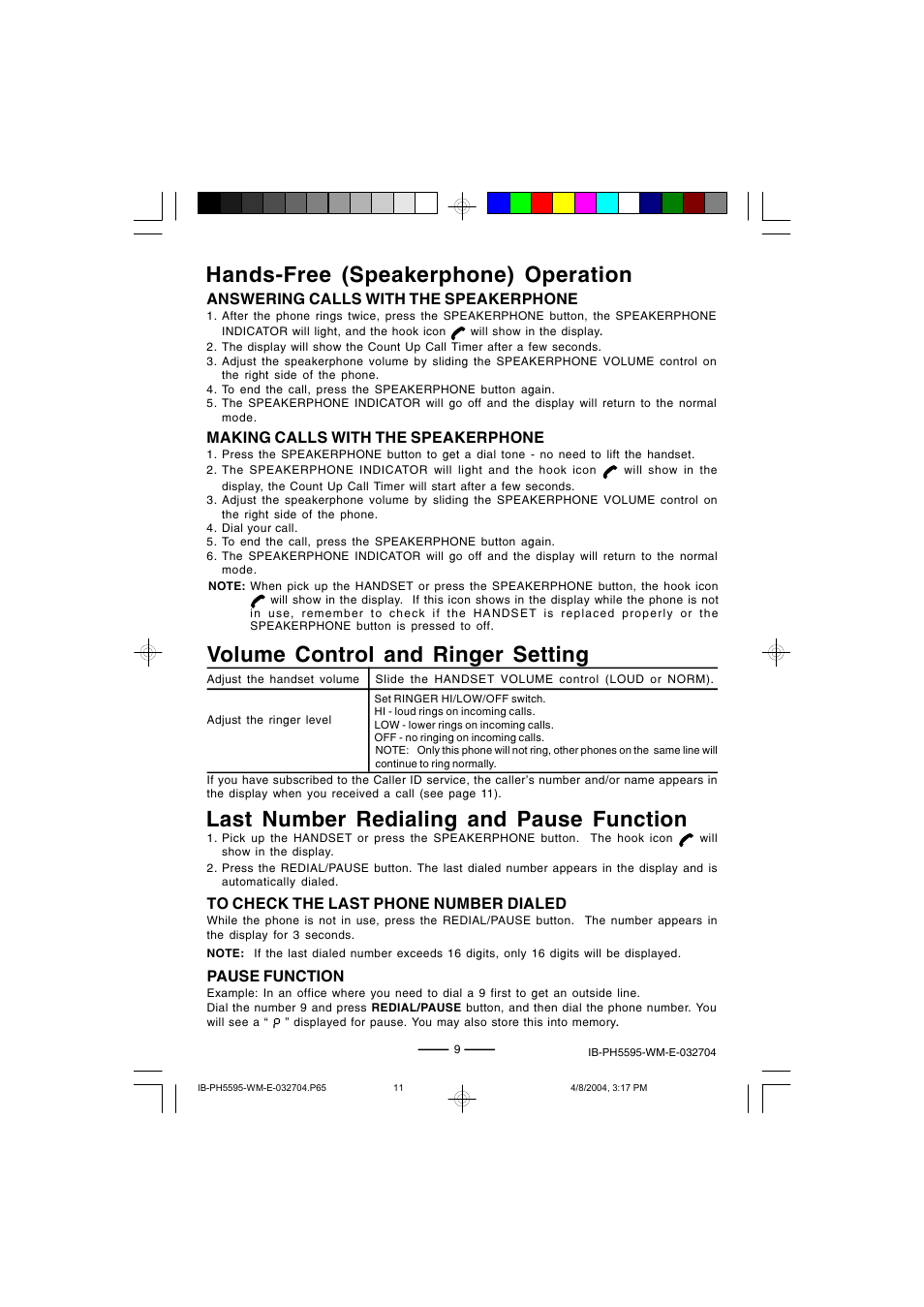 Volume control and ringer setting, Last number redialing and pause function, Hands-free (speakerphone) operation | Lenoxx Electronics IB-PH5595 User Manual | Page 11 / 20