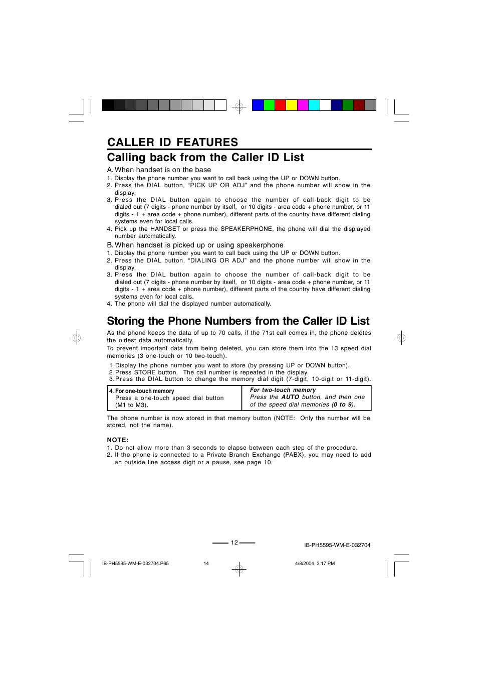 Calling back from the caller id list | Lenoxx Electronics IB-PH5595 User Manual | Page 14 / 20