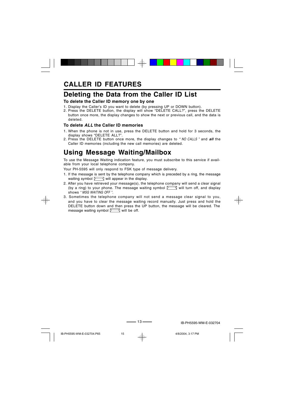 Using message waiting/mailbox | Lenoxx Electronics IB-PH5595 User Manual | Page 15 / 20