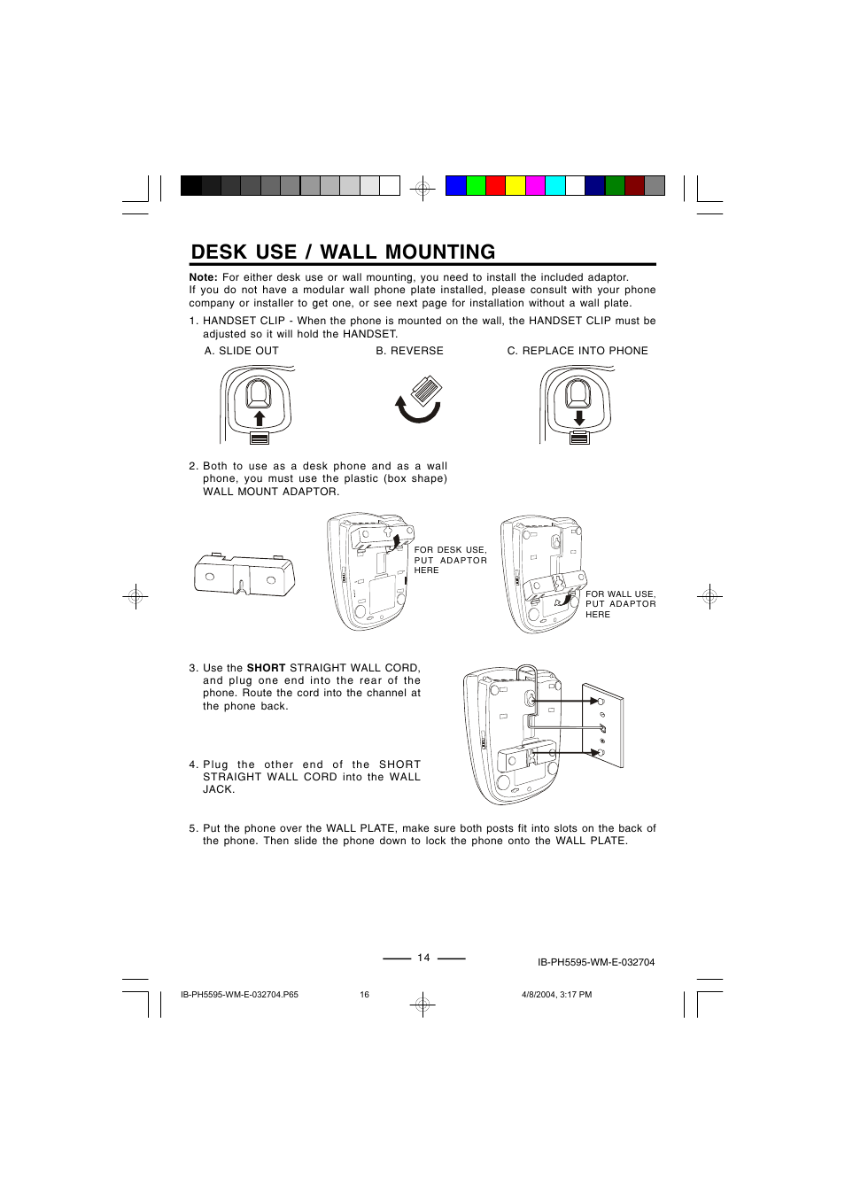 Desk use / wall mounting | Lenoxx Electronics IB-PH5595 User Manual | Page 16 / 20