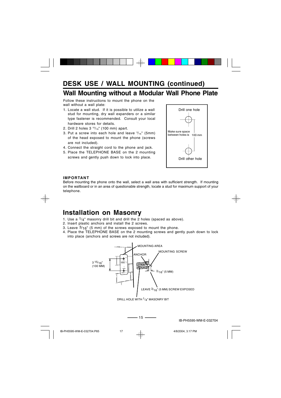 Wall mounting without a modular wall phone plate, Desk use / wall mounting (continued), Installation on masonry | Lenoxx Electronics IB-PH5595 User Manual | Page 17 / 20