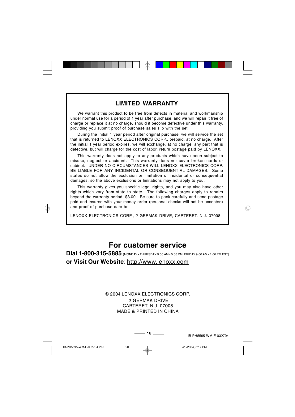 For customer service, Limited warranty | Lenoxx Electronics IB-PH5595 User Manual | Page 20 / 20