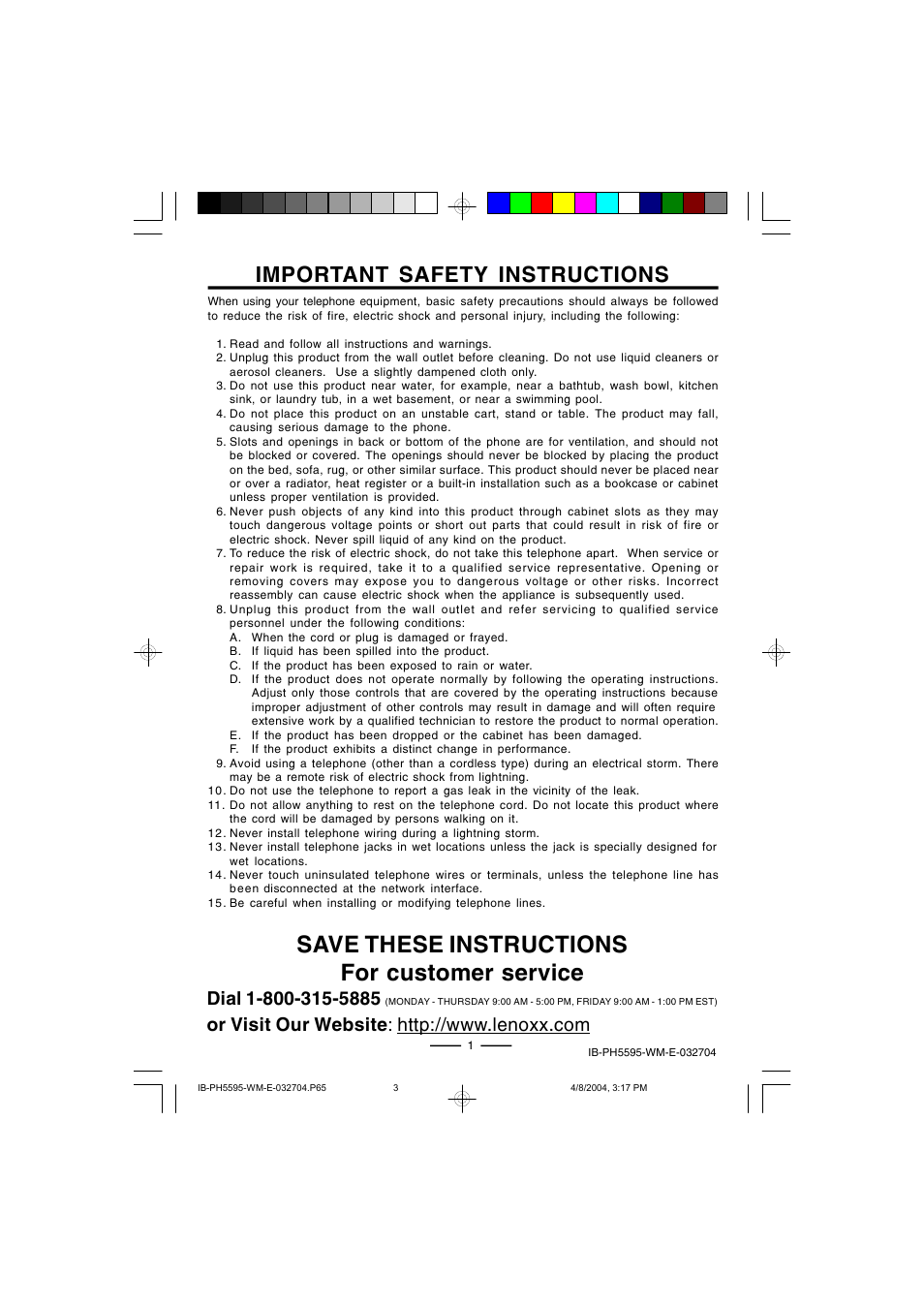 Save these instructions for customer service, Important safety instructions | Lenoxx Electronics IB-PH5595 User Manual | Page 3 / 20