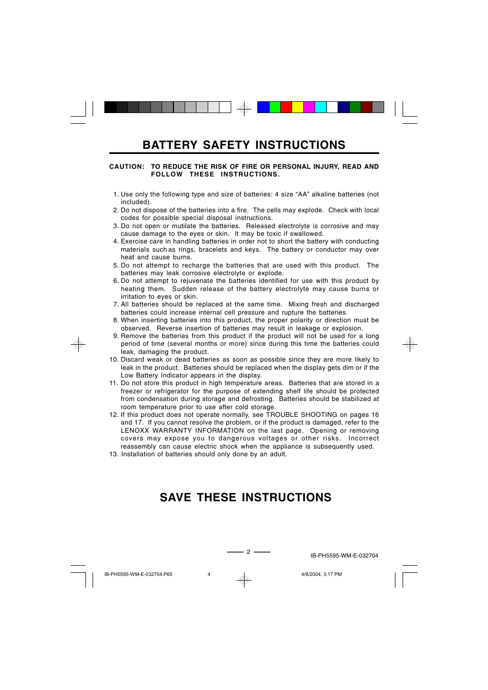 Battery safety instructions, Save these instructions | Lenoxx Electronics IB-PH5595 User Manual | Page 4 / 20