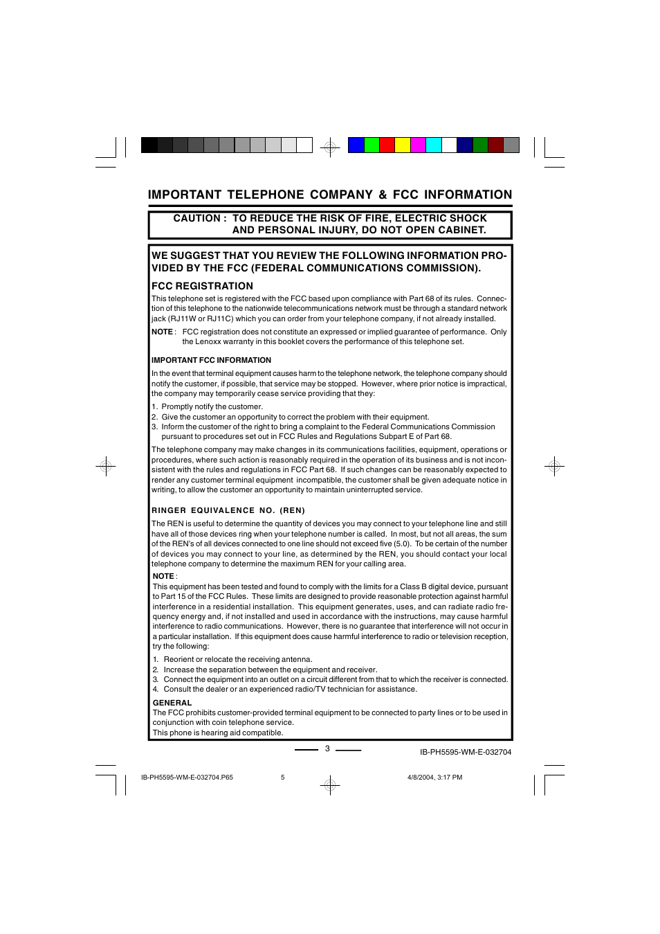 Important telephone company & fcc information | Lenoxx Electronics IB-PH5595 User Manual | Page 5 / 20