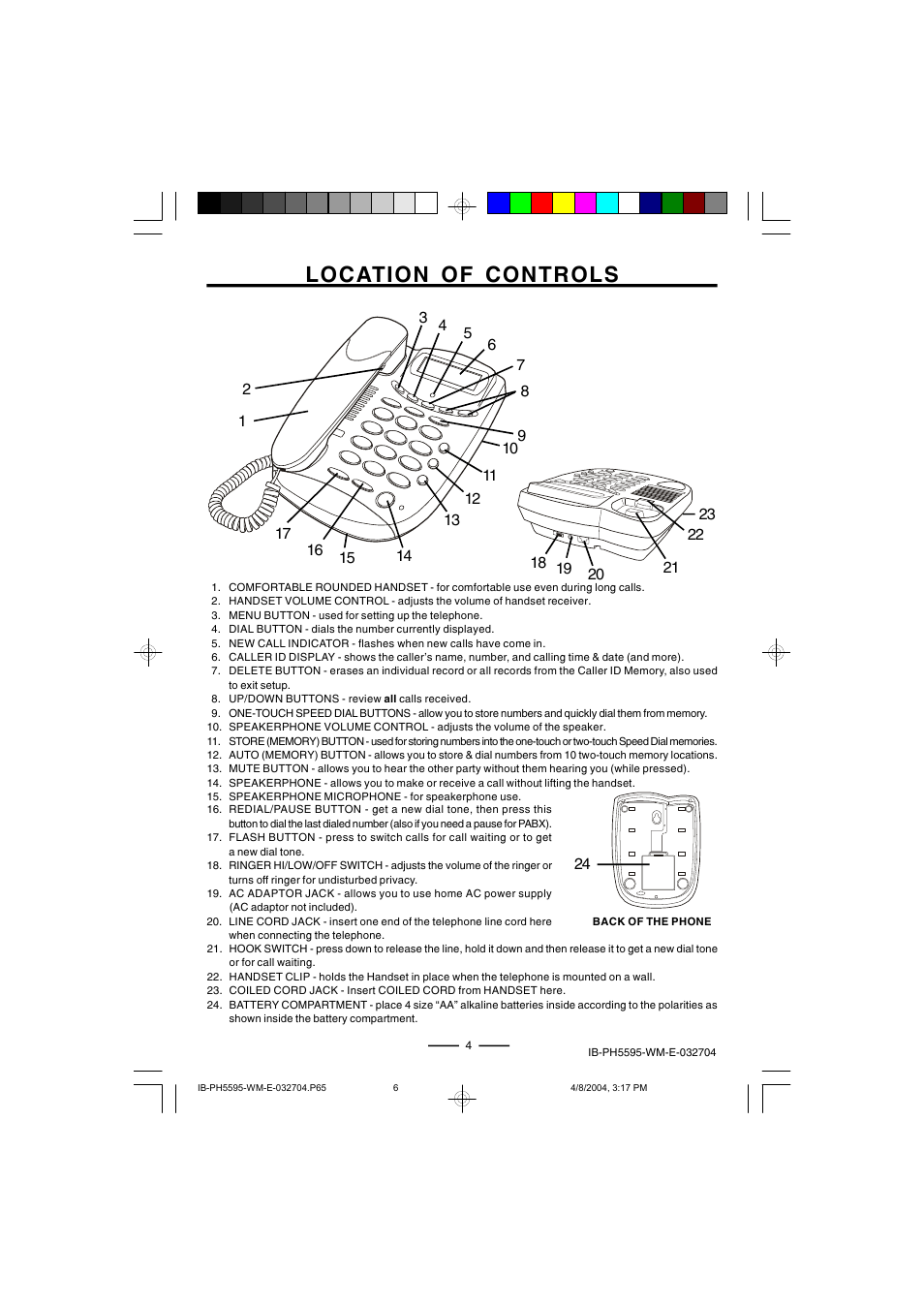 Location of controls | Lenoxx Electronics IB-PH5595 User Manual | Page 6 / 20