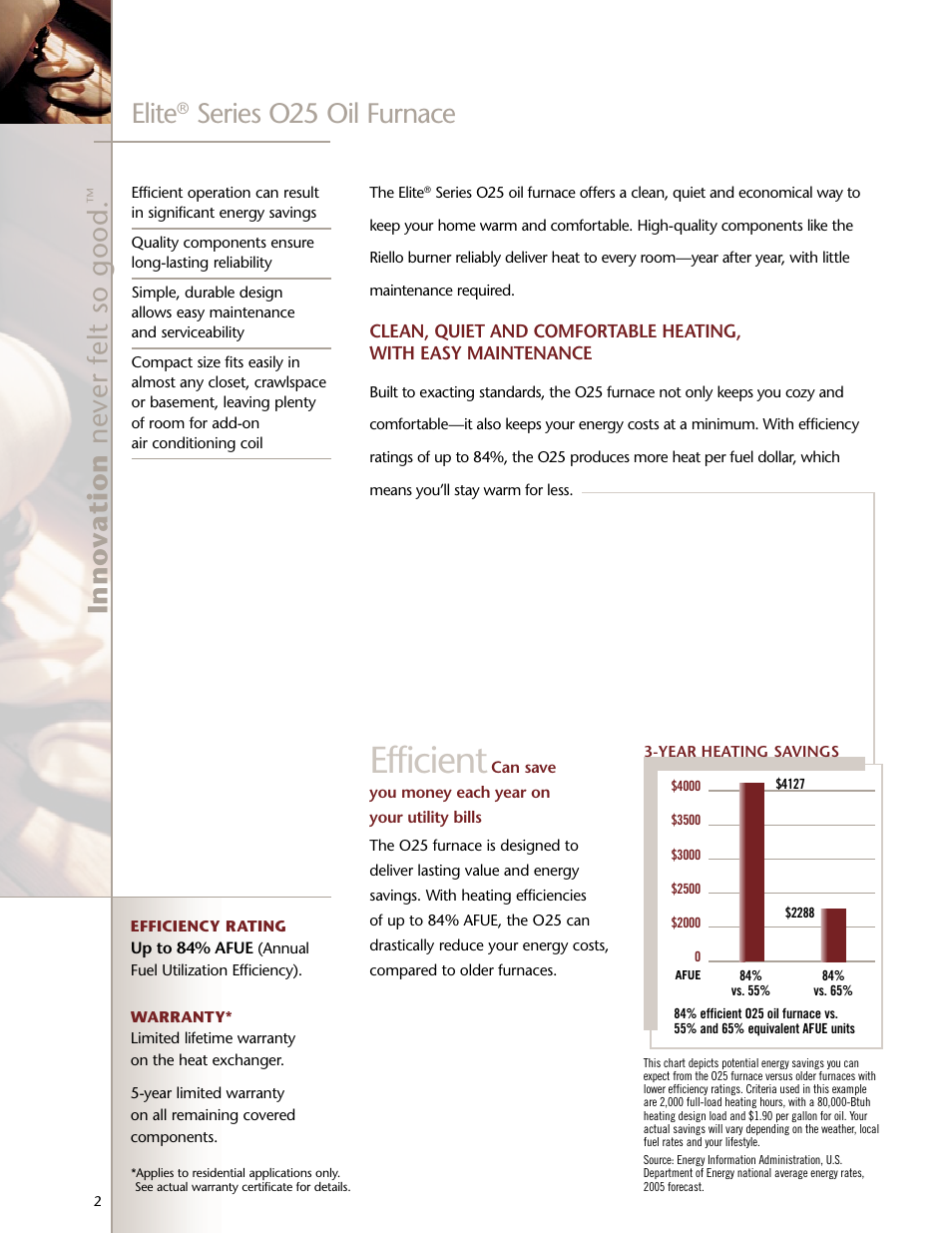 Efficient, Elite, Series o25 oil furnace | Lenoxx Electronics O25 User Manual | Page 2 / 4