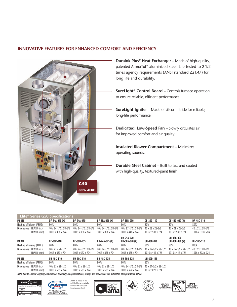 Duralok plus, Heat exchanger, Surelight | Control board, Surelight igniter, Dedicated, low-speed fan, Insulated blower compartment, Durable steel cabinet | Lenoxx Electronics G50 User Manual | Page 3 / 4
