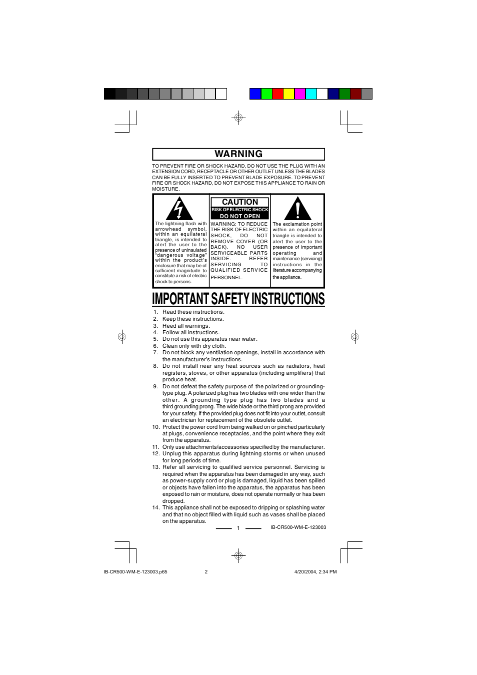 Important safety instructions, Warning, Caution | Lenoxx Electronics CR-500 User Manual | Page 2 / 7