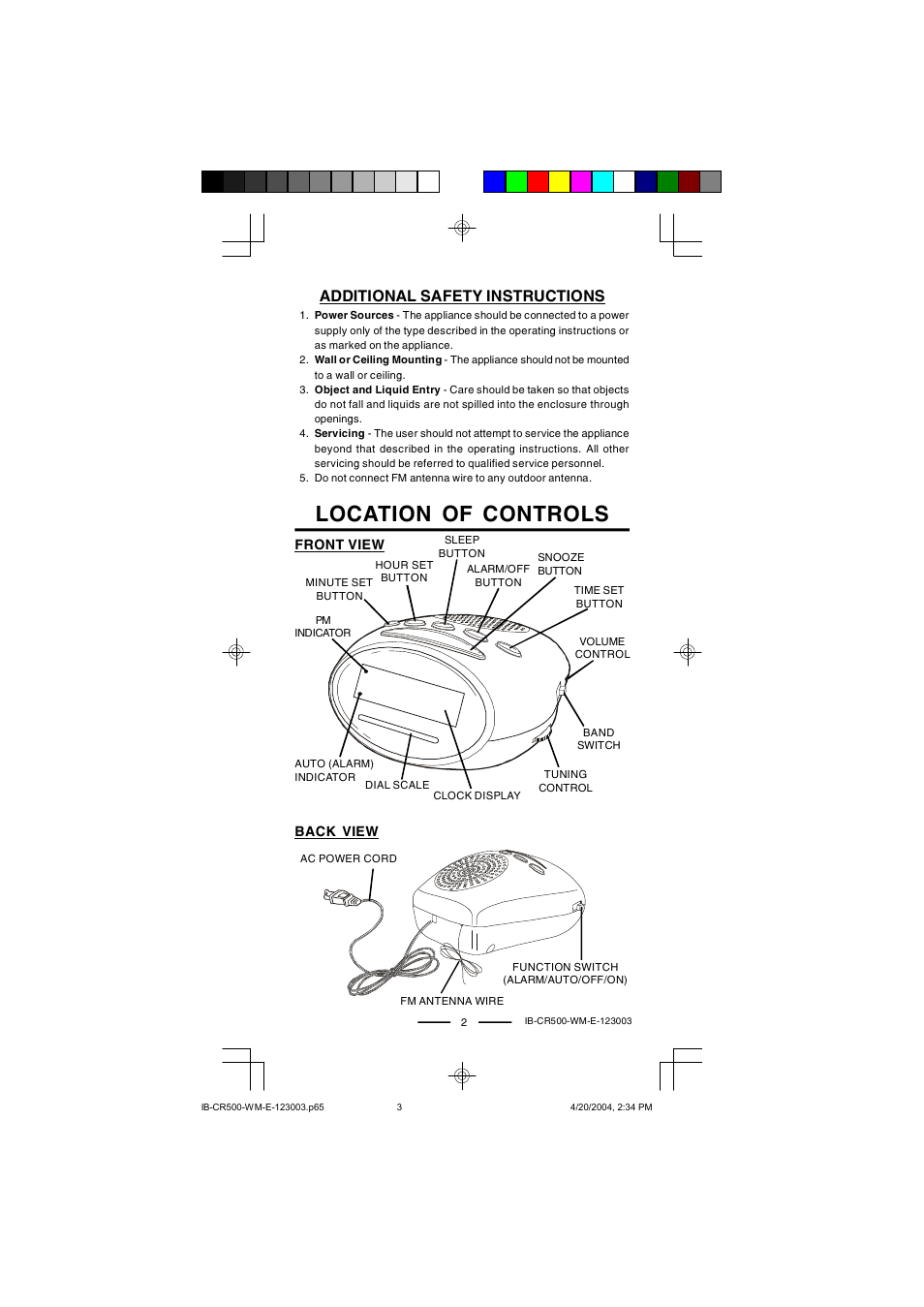Location of controls, Additional safety instructions | Lenoxx Electronics CR-500 User Manual | Page 3 / 7