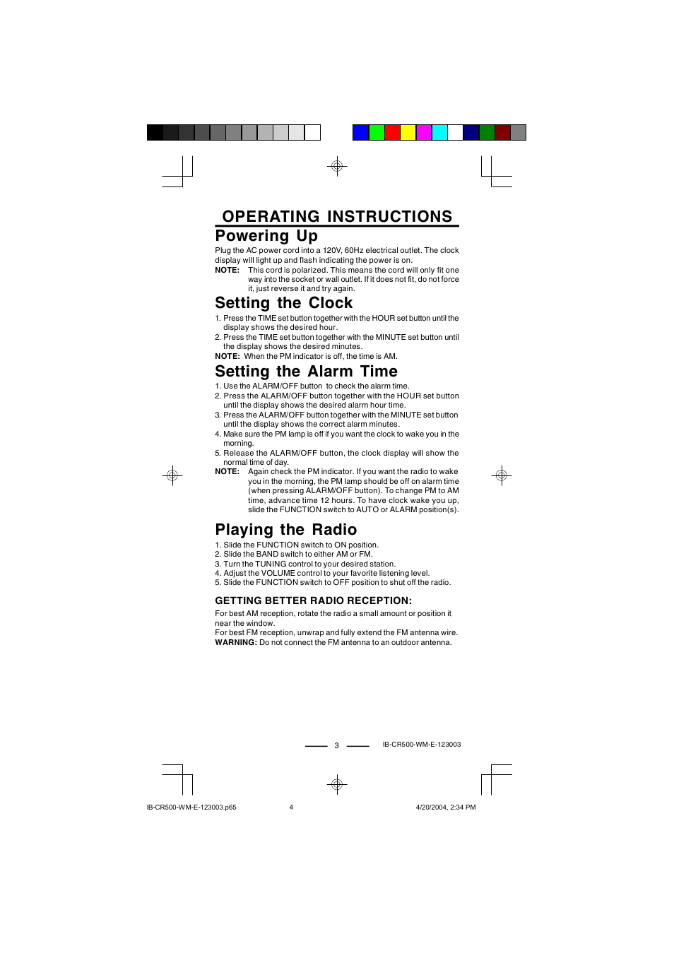 Operating instructions powering up, Setting the clock, Setting the alarm time | Playing the radio | Lenoxx Electronics CR-500 User Manual | Page 4 / 7