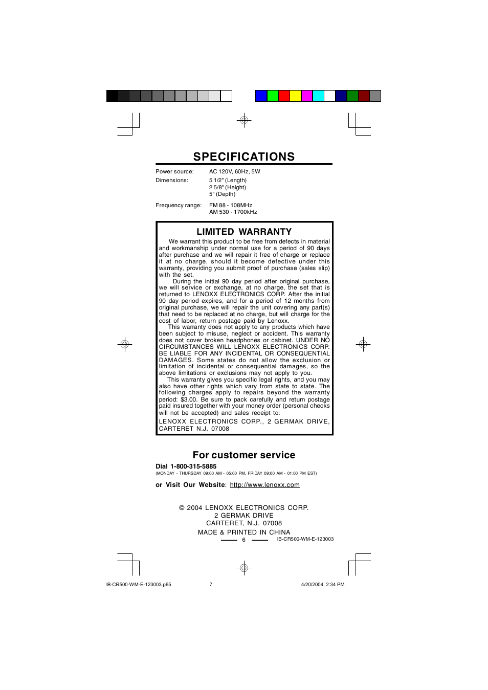 Specifications, For customer service, Limited warranty | Lenoxx Electronics CR-500 User Manual | Page 7 / 7