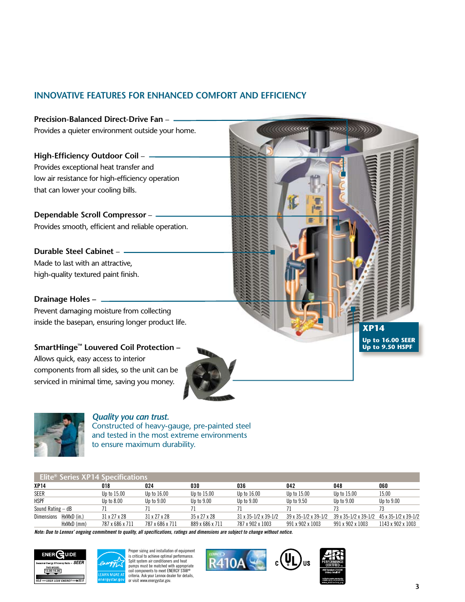 Xp14, Quality you can trust, Precision-balanced direct-drive fan | High-efficiency outdoor coil, Dependable scroll compressor, Durable steel cabinet, Drainage holes, Smarthinge, Louvered coil protection | Lenoxx Electronics XP14 User Manual | Page 3 / 4