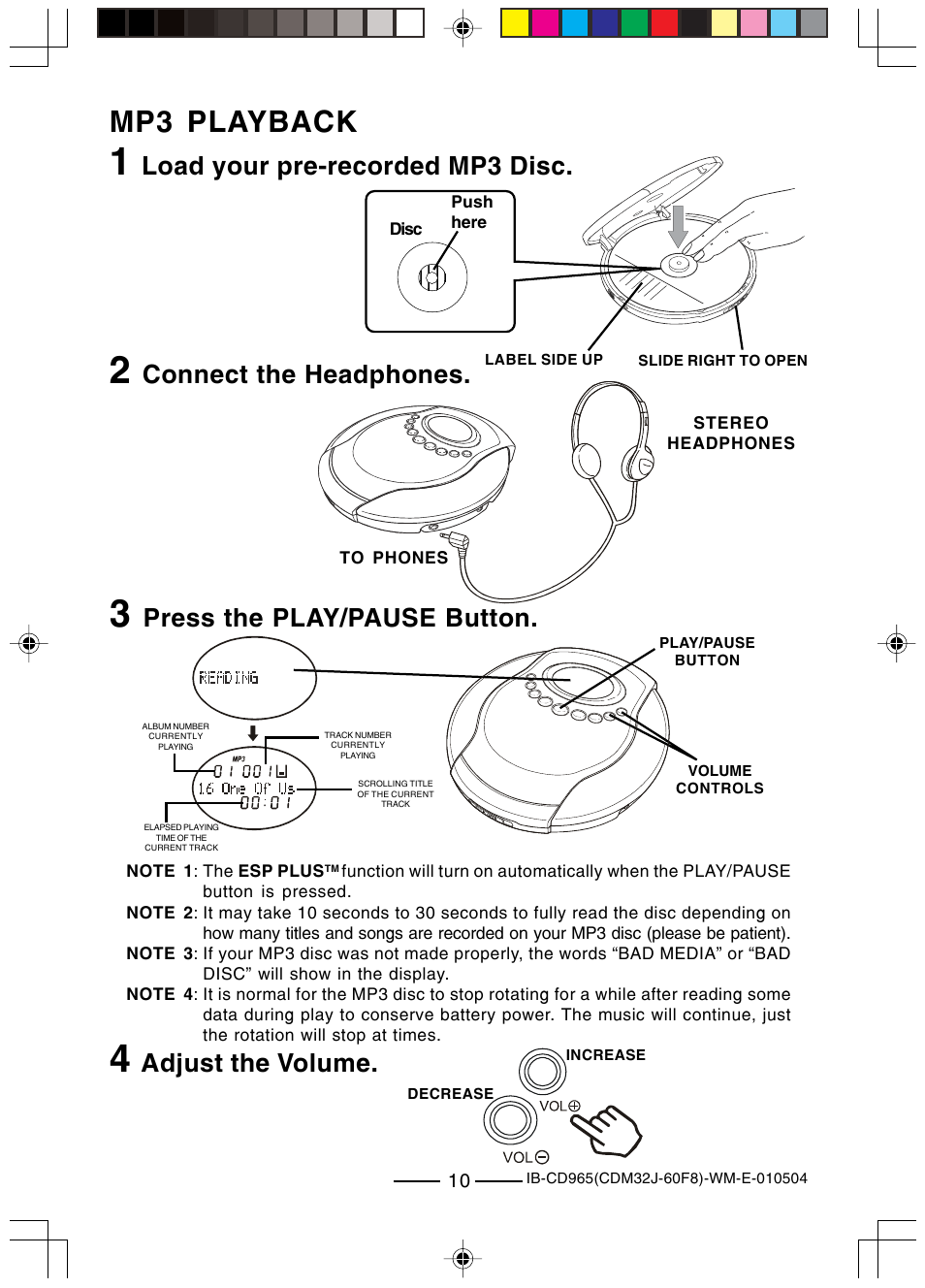 Mp3 playback, Load your pre-recorded mp3 disc, Connect the headphones | Adjust the volume, Press the play/pause button | Lenoxx Electronics CD-965 User Manual | Page 11 / 20