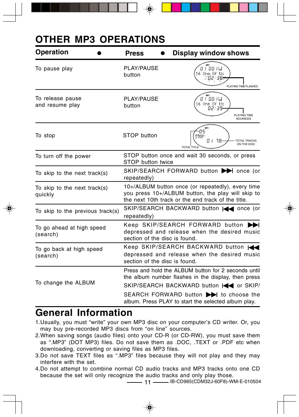 Other mp3 operations, General information, Operation press display window shows | Lenoxx Electronics CD-965 User Manual | Page 12 / 20