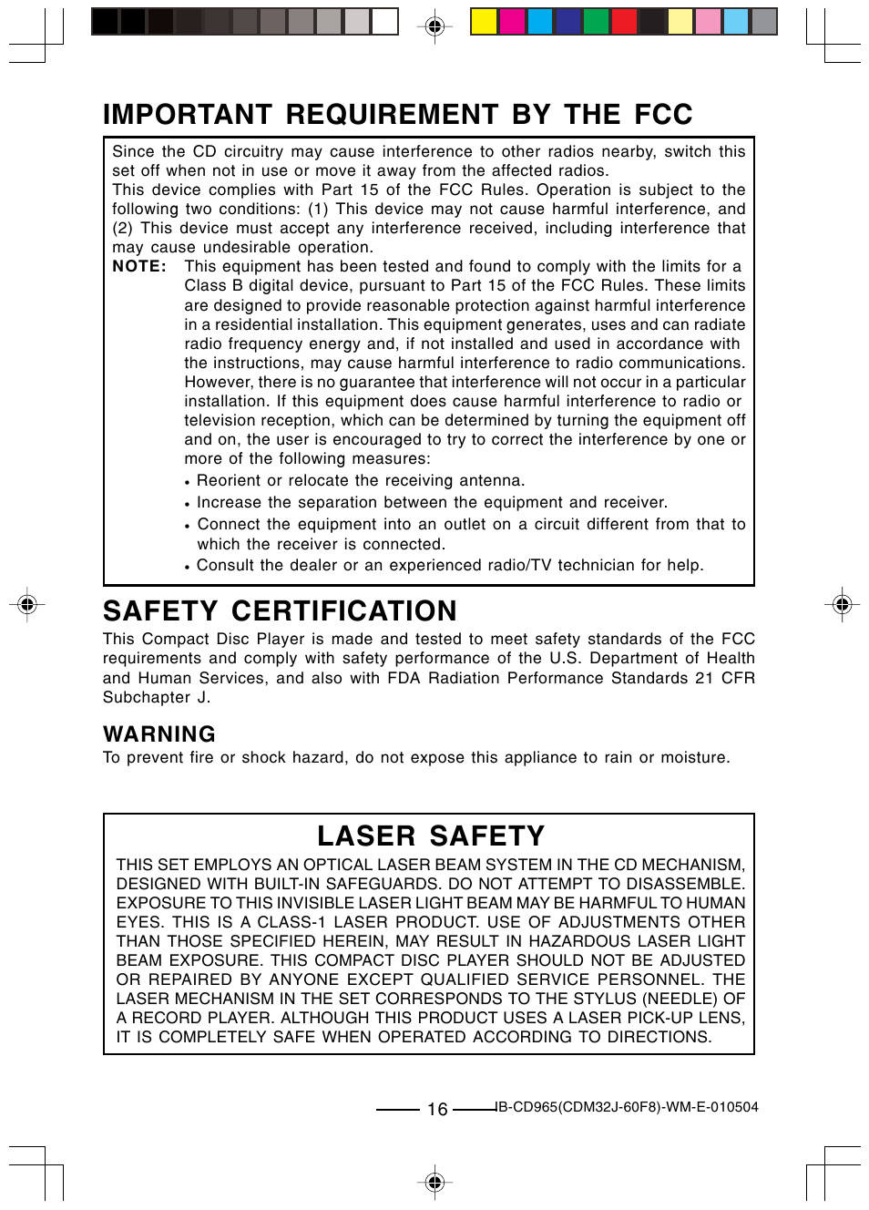 Safety certification, Important requirement by the fcc, Laser safety | Warning | Lenoxx Electronics CD-965 User Manual | Page 17 / 20