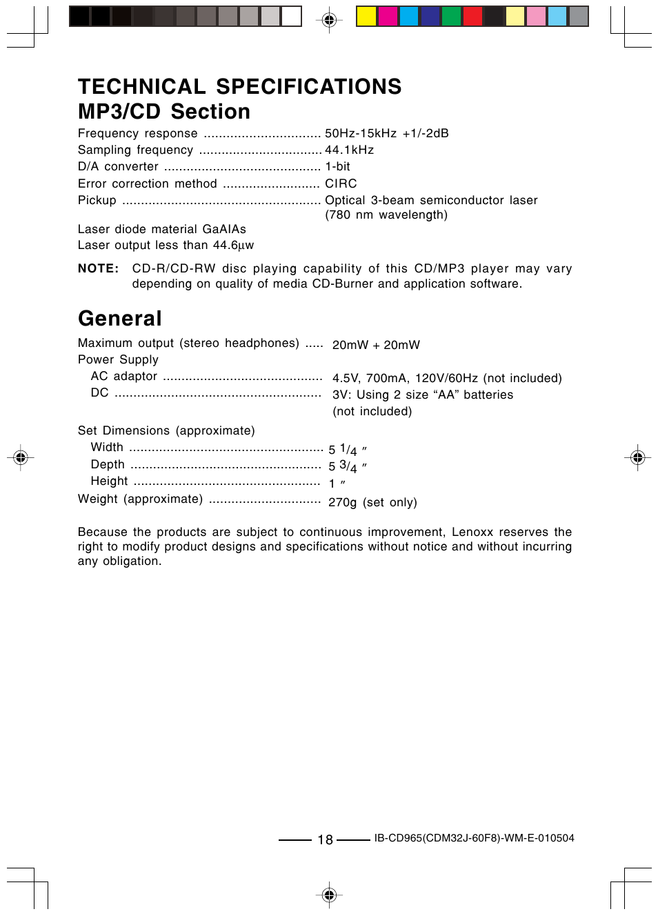 Technical specifications, General | Lenoxx Electronics CD-965 User Manual | Page 19 / 20