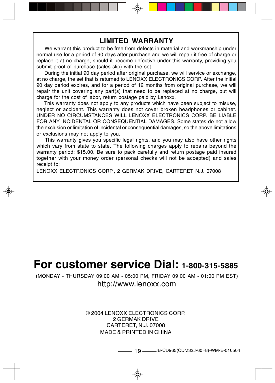 For customer service dial, Limited warranty | Lenoxx Electronics CD-965 User Manual | Page 20 / 20