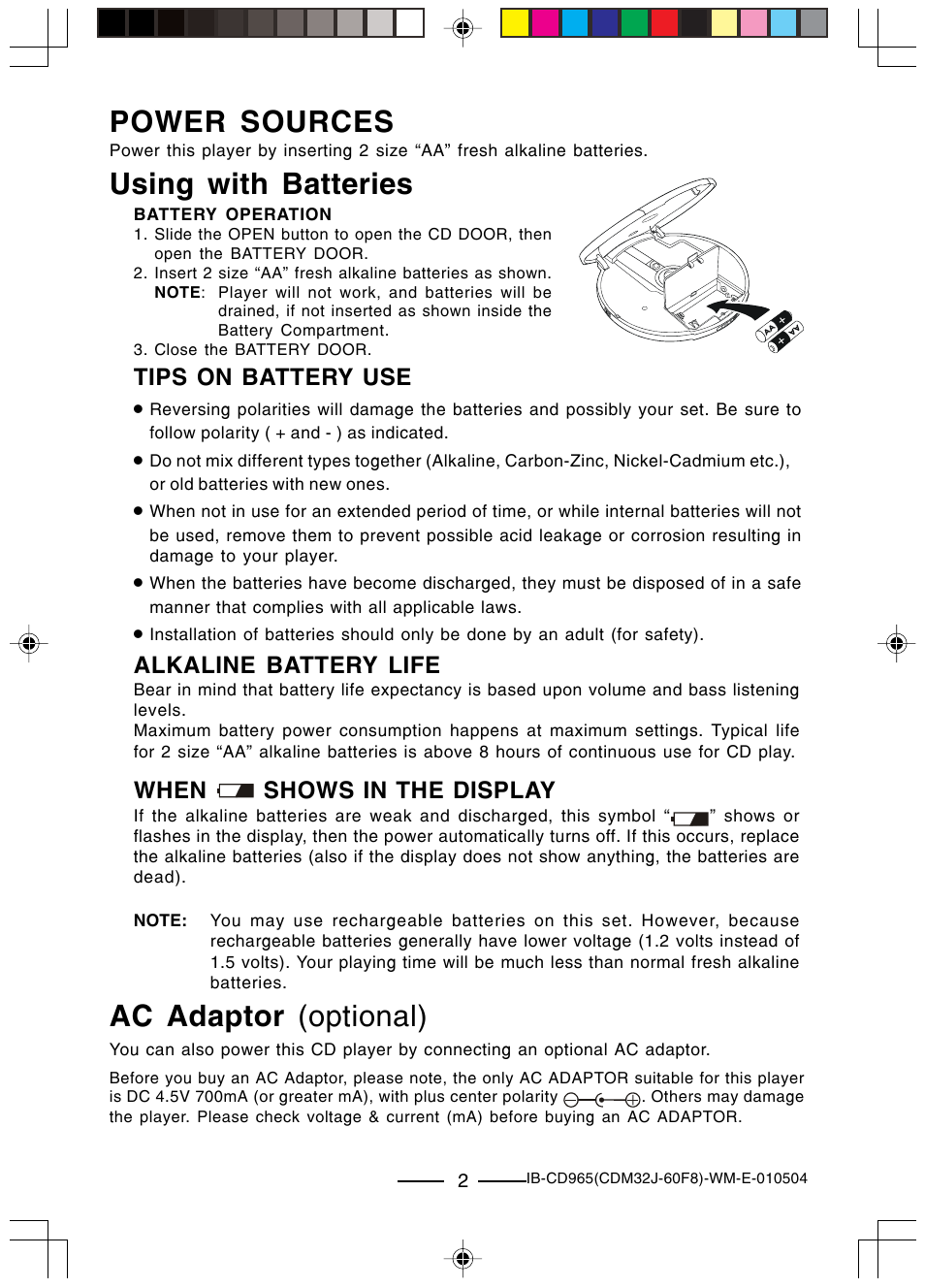 Power sources using with batteries, Ac adaptor (optional), Tips on battery use | When shows in the display, Alkaline battery life | Lenoxx Electronics CD-965 User Manual | Page 3 / 20