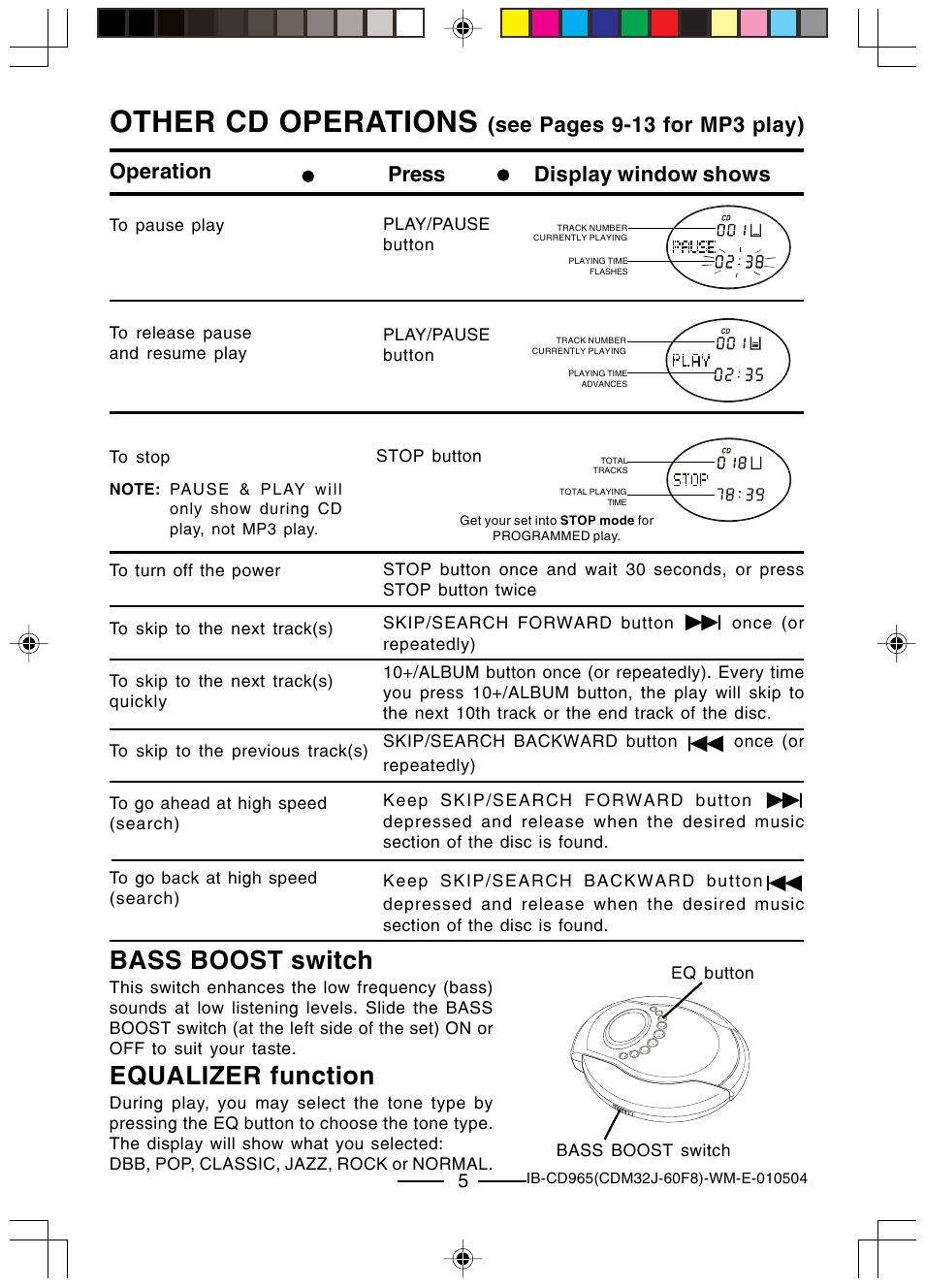 Other cd operations, Bass boost switch, Equalizer function | Lenoxx Electronics CD-965 User Manual | Page 6 / 20