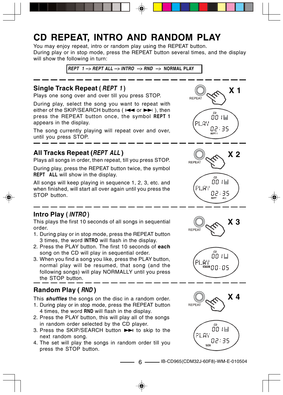Cd repeat, intro and random play, X 1 x 2 x 3 x 4 | Lenoxx Electronics CD-965 User Manual | Page 7 / 20