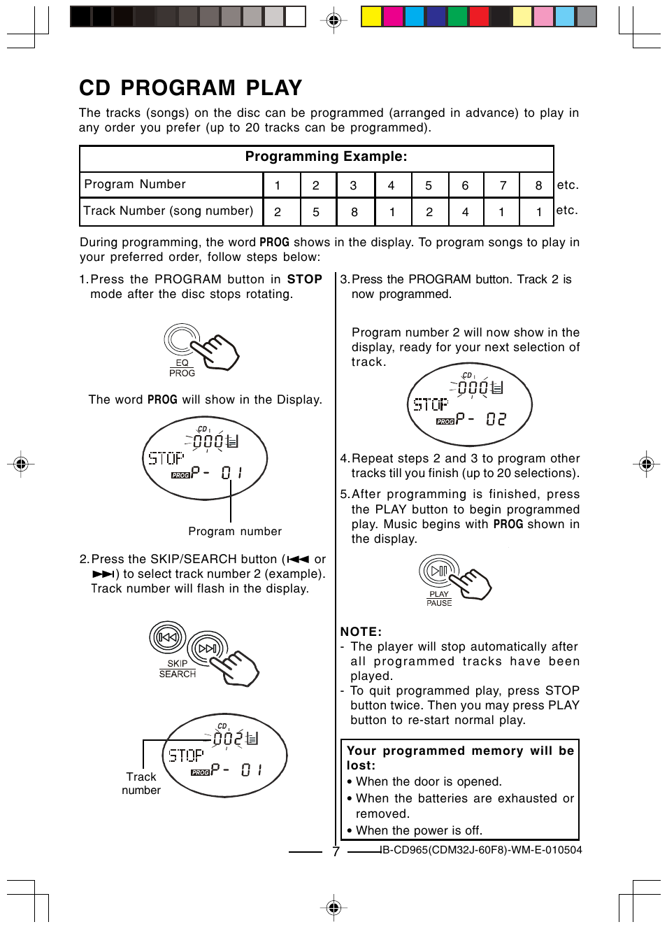 Cd program play | Lenoxx Electronics CD-965 User Manual | Page 8 / 20