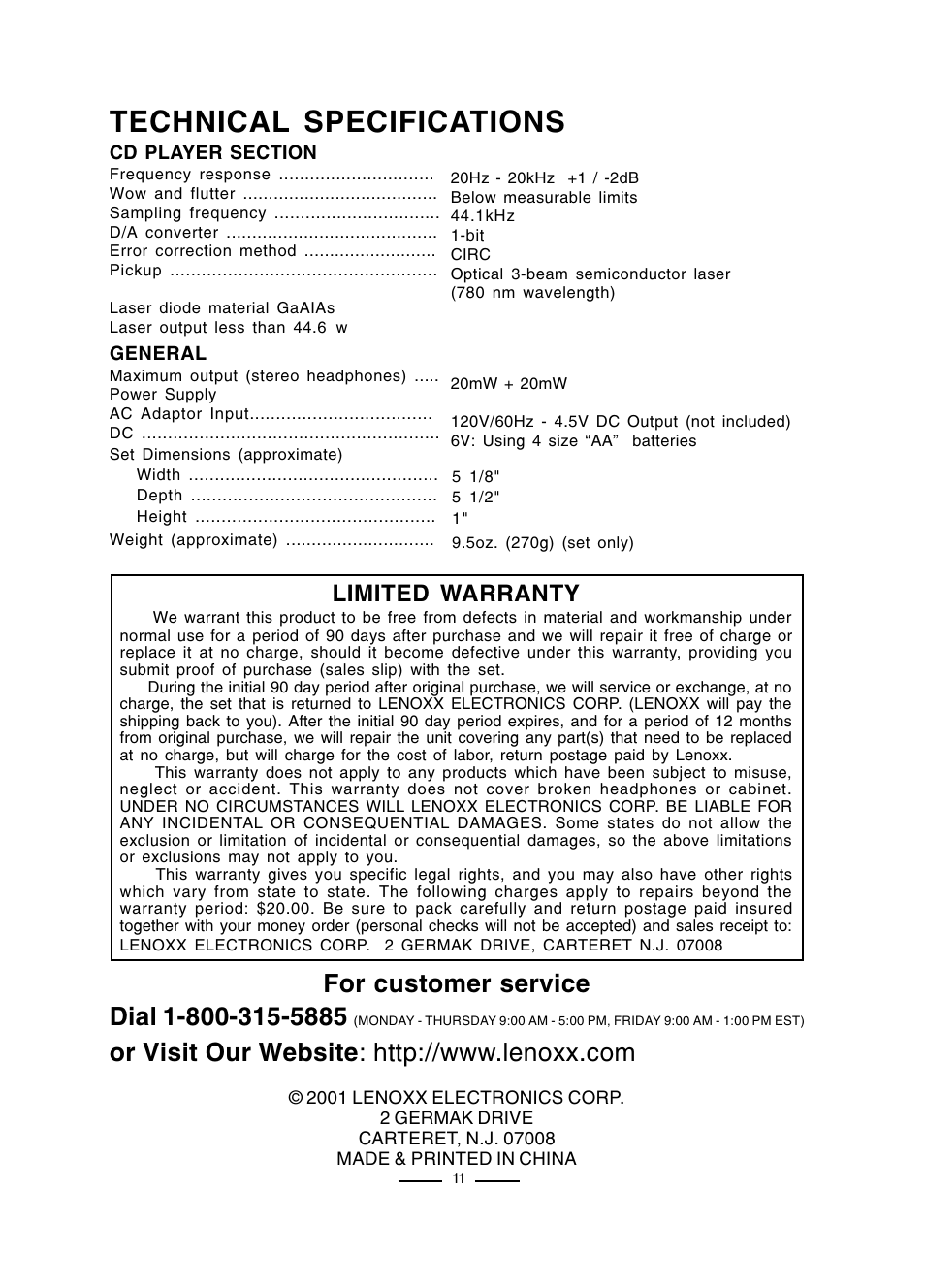 Technical specifications, Limited warranty | Lenoxx Electronics CD-50 User Manual | Page 12 / 14
