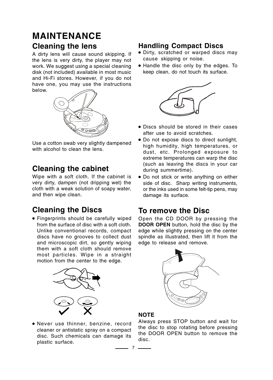 Maintenance, Cleaning the cabinet, Cleaning the lens | Cleaning the discs, Handling compact discs | Lenoxx Electronics CD-50 User Manual | Page 8 / 14