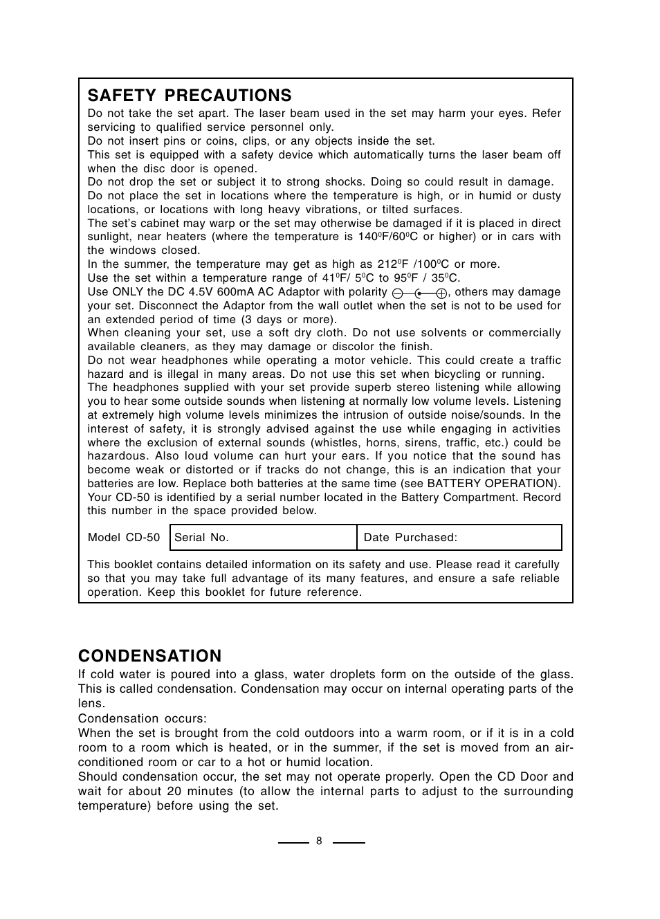Safety precautions, Condensation | Lenoxx Electronics CD-50 User Manual | Page 9 / 14