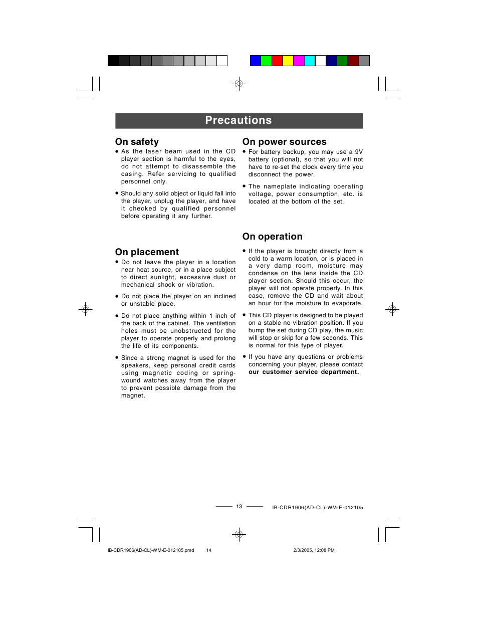 Precautions | Lenoxx Electronics CDR1906 User Manual | Page 14 / 17