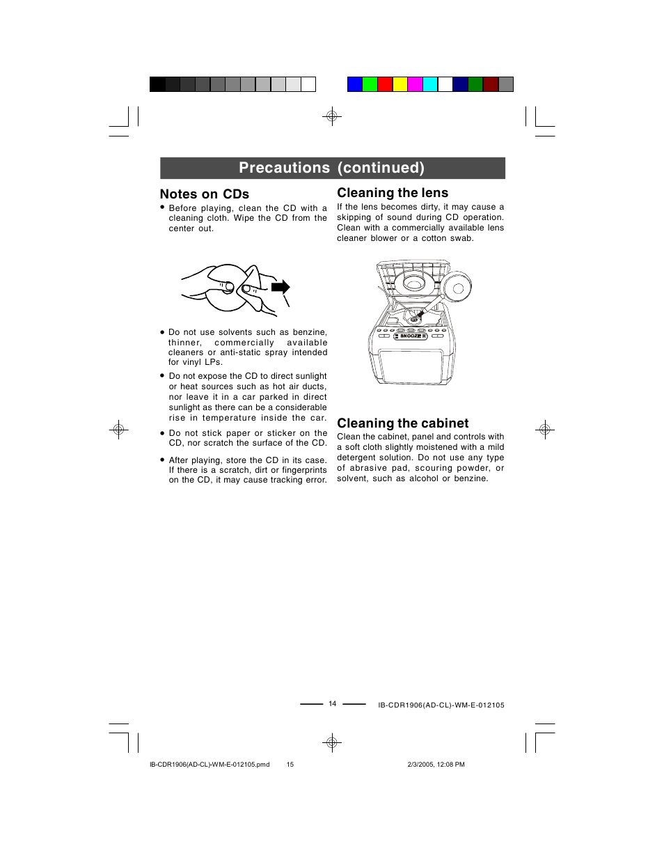Precautions (continued), Cleaning the lens, Cleaning the cabinet | Lenoxx Electronics CDR1906 User Manual | Page 15 / 17